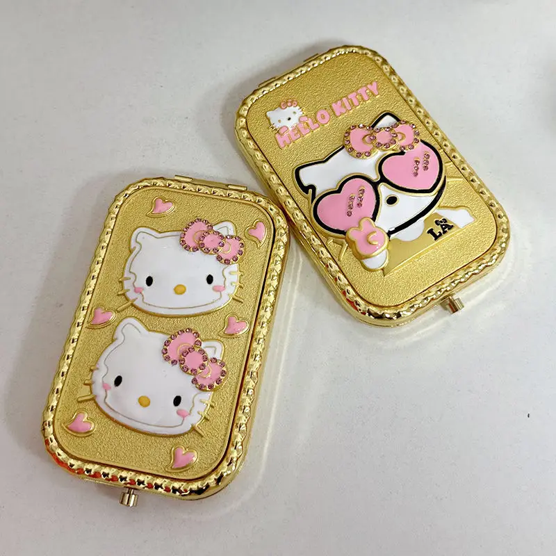 Sanrio Kawaii Hello Kitty กระจกพับนักเรียนแบบพกพากระจกสีทองอะนิเมะอุปกรณ์เสริมหอพักแต่งหน้ากระจกของขวัญ
