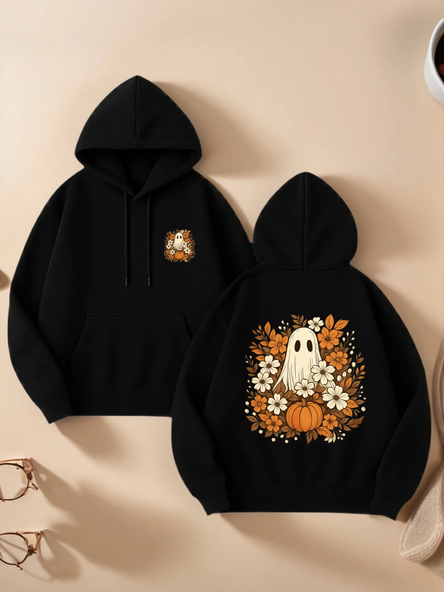 

Ghost and Pumpkin Graphic Hoodie Women, Cute Floral Aesthetic Design, Fleece, Fall Outfits for Teens