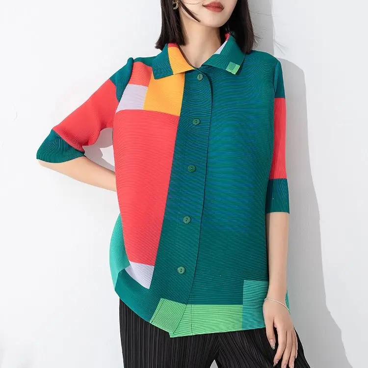 Miyake Casual Fashion Loose Plus Size Shirt Color Matching Printing Lapel Single-breasted Three-quarter-sleeve Cardigan Top