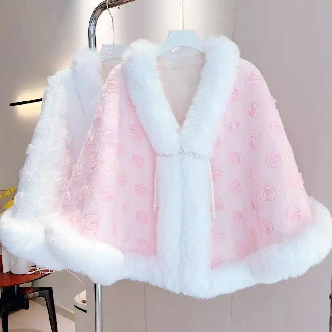 New Chinese Style Floral Cloak Women Autumn Winter Thicken Plush Shawl Vintage High-end Cheongsam Outer Match Warm Coat Female