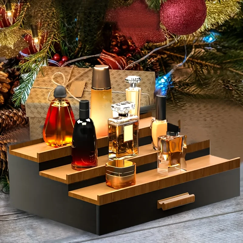

1PC Men's Wooden Cologne Organizer - 3-Tier Display Shelf With Drawer, Perfect For Perfume Storage & Organization
