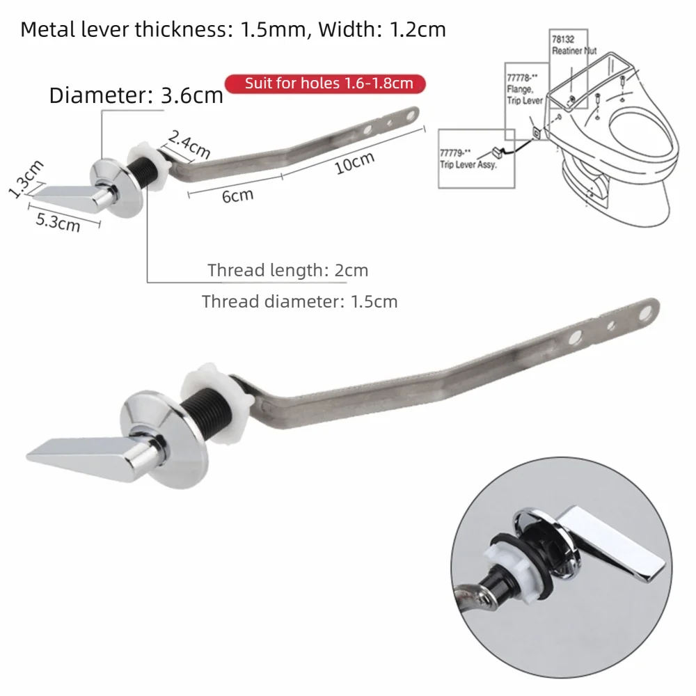 Side Mount Toilet Flush Handle Stainless Steel Pull Rod Water Tank Side Handle Toilet Tank Handle Plumbing Replacement