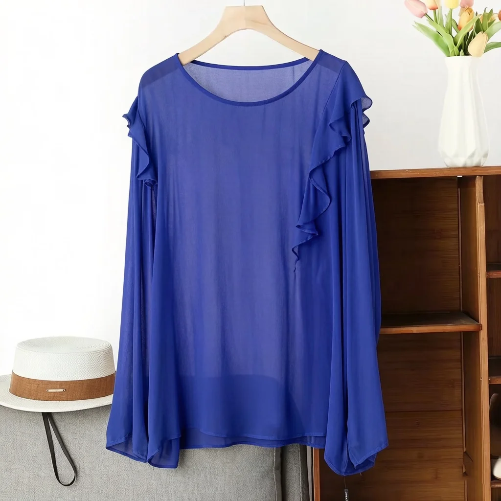 Blusa de encaje vintage con volantes de talla grande, blusa blanca de gasa de manga larga, top holgado elegante, camisa roja para mujer, primavera, 5XL