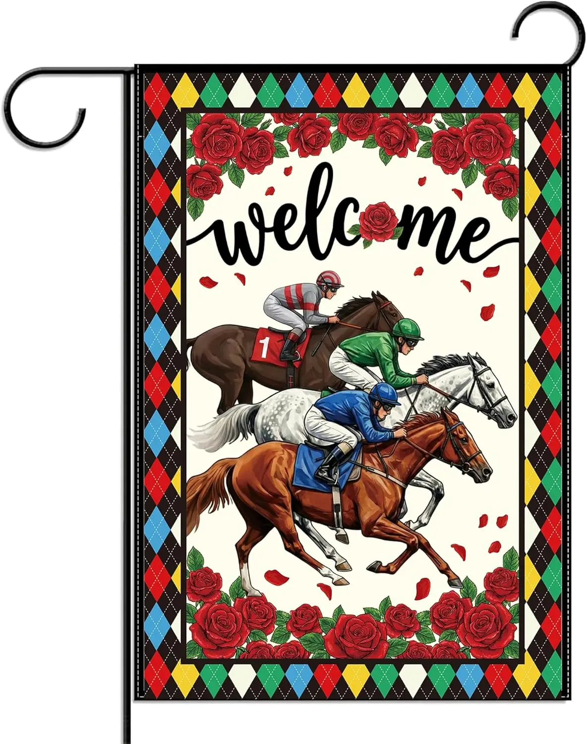 Horse Racing Welcome Garden Flag, Derby Theme Garden Flags for Outside, Red Rose Harlequin Yard Porch Lawn Decor (12