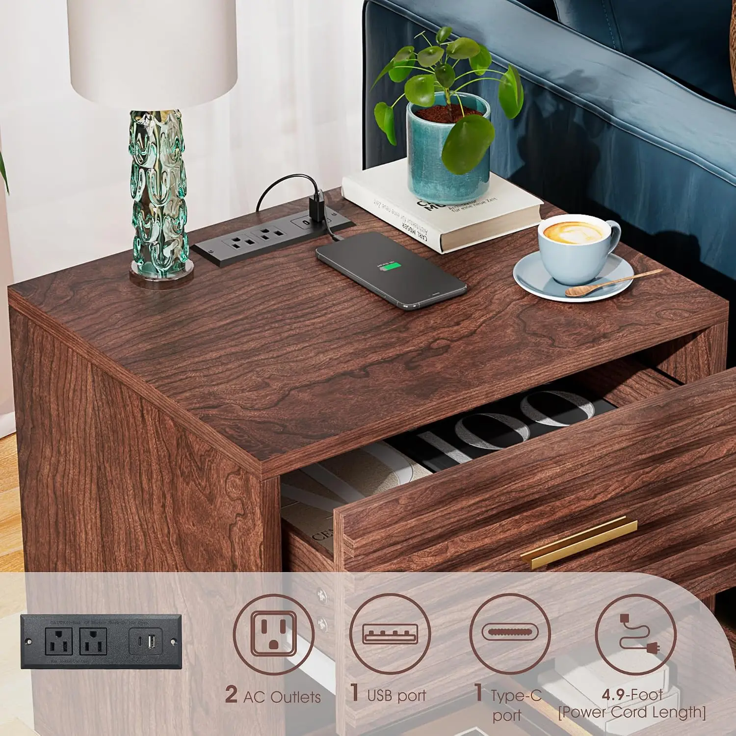 Mid Century Nightstand Charging Station USB & Outlets 2 Drawers Storage Bedside Table Bedroom 2PCS, Customized