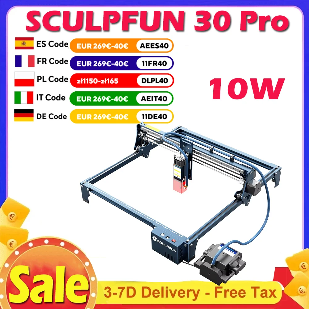 SCULPFUN 30 Pro 10W Laser Engraver Cutter 410x400mm Automatic Air-assist 0.06x0.08mm Laser Focus Motherboard Carpentry Tools