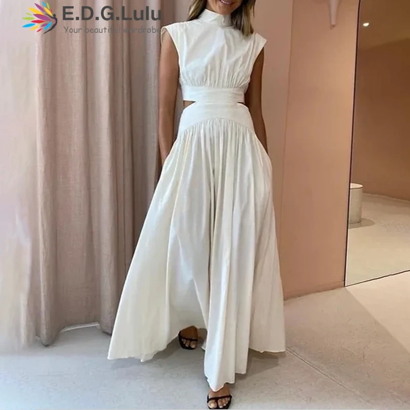 

EDGLuLu Luxury Designer High Waist Hollow Out Loose Long Dress Spring New 2025 Stand Collar Sleeveless White Pink Dress 0213