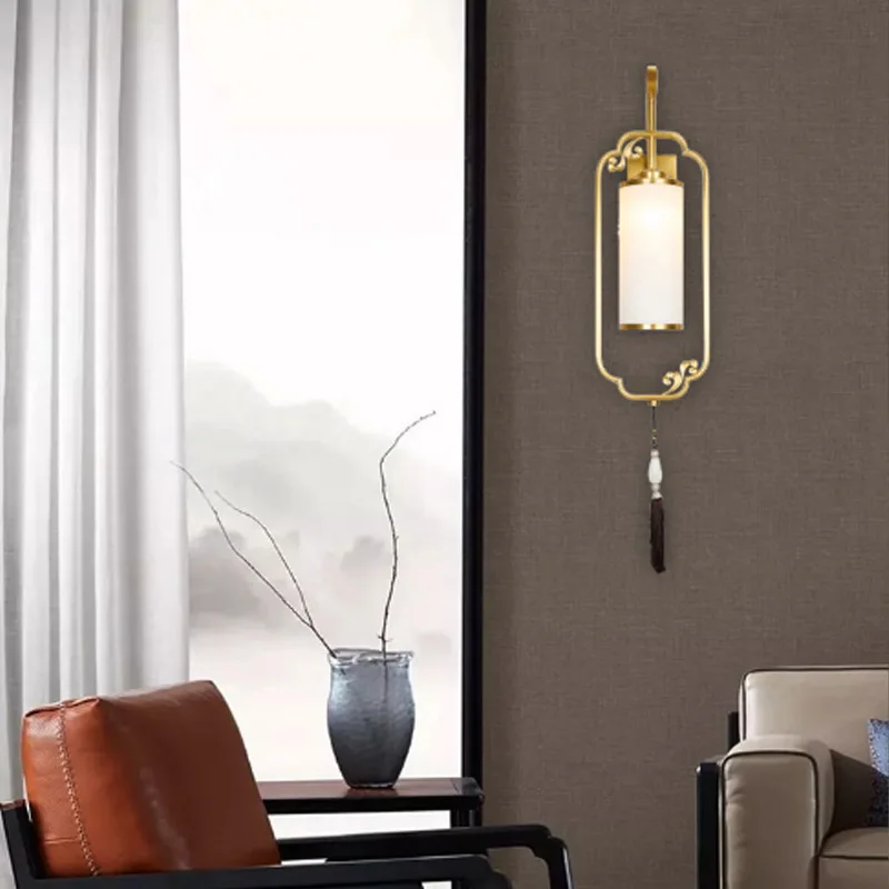 

New Chinese wall lamp, bedside, living room strip wall lamp, home decoration, retro living room background wall lamp, all copper