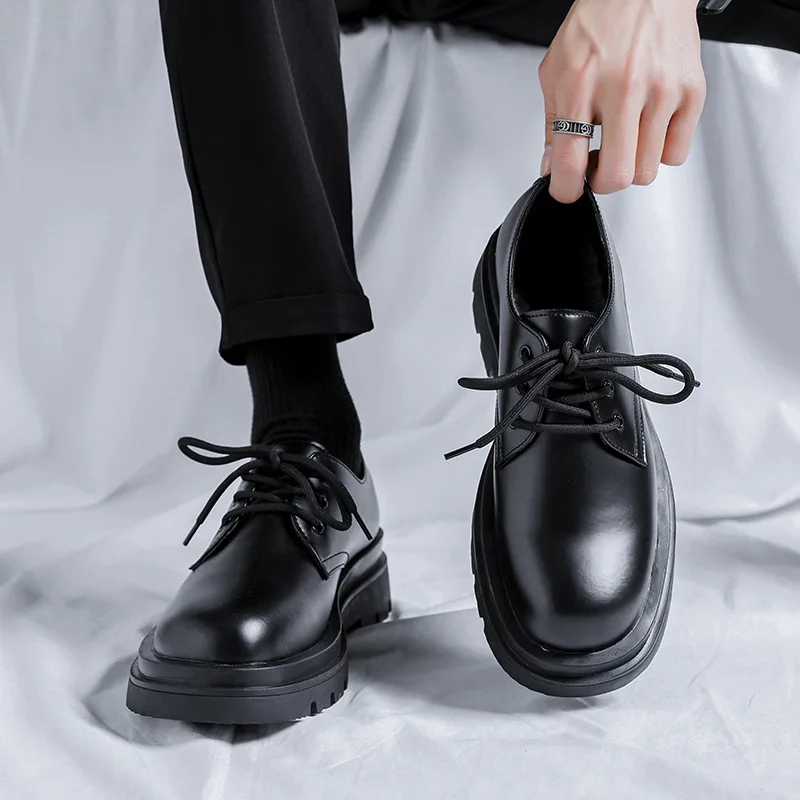 men casual business office dress genuine leather shoes black tide lace up derby shoe gentleman breathable platform work footwear