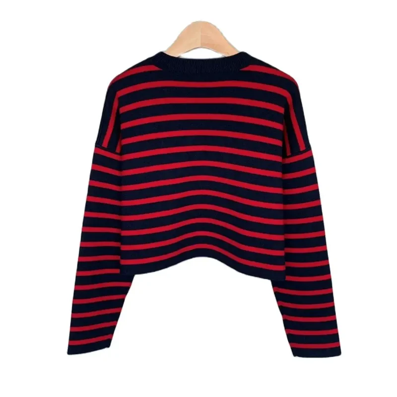 

New 2024 High Quality Women Sweater Wool Striped Cropped Pullover 3D Relief Jacquard O-Neck Sweet Chic Stunning Fashionable LW