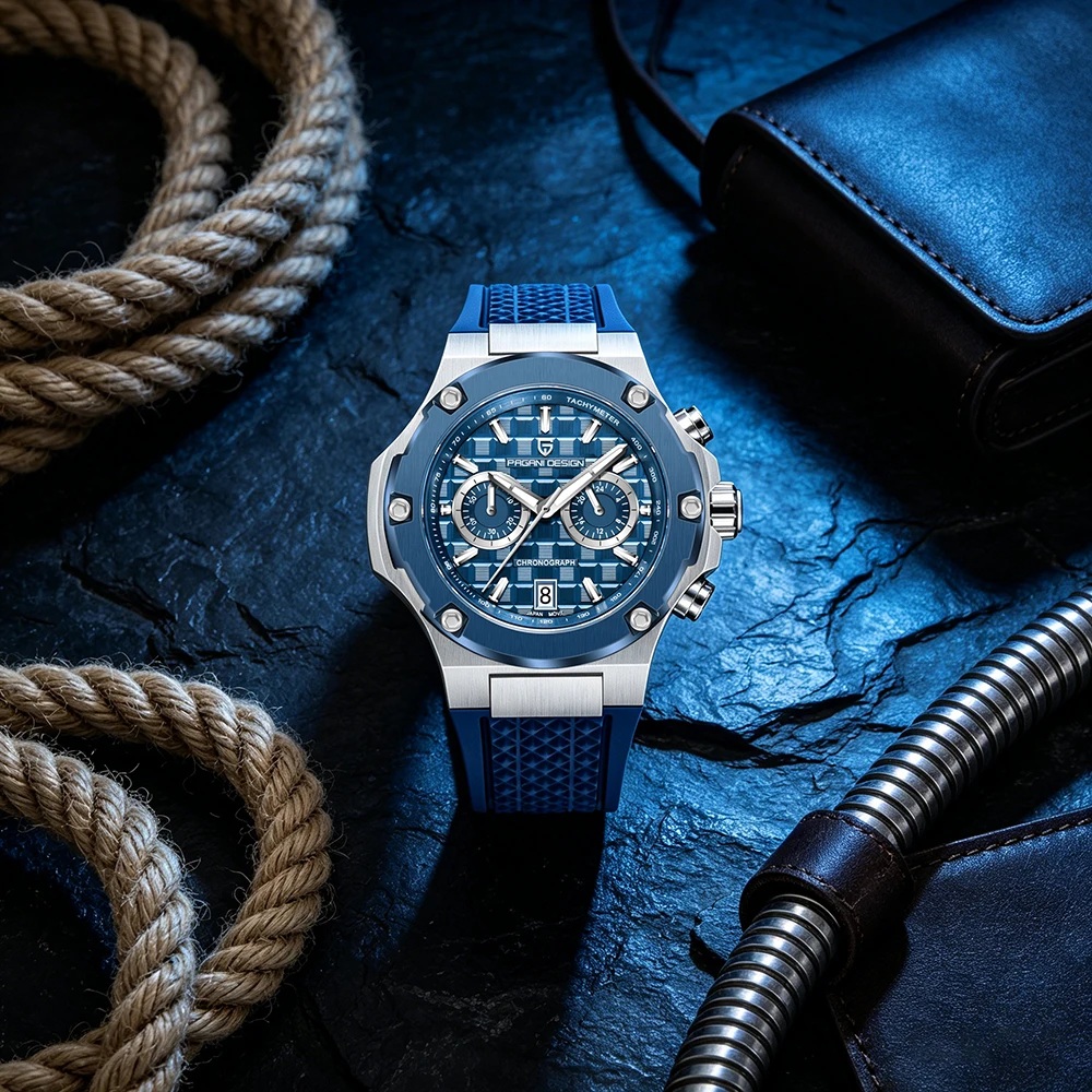 New PAGANI DESIGN Men Quartz Chronograph Watch Sport Blue Dial Waterproof Luminous Wristwatch with Rubber Strap watches for man