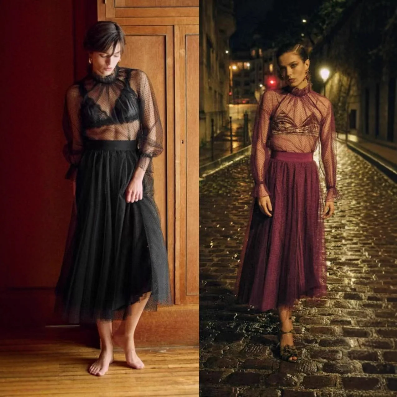 

Sexy Polka Dot High Waist Midi Skirt Set Women's Vintage Netting Cover up Thin Autumn Winter New Arrival H-ape Polyester