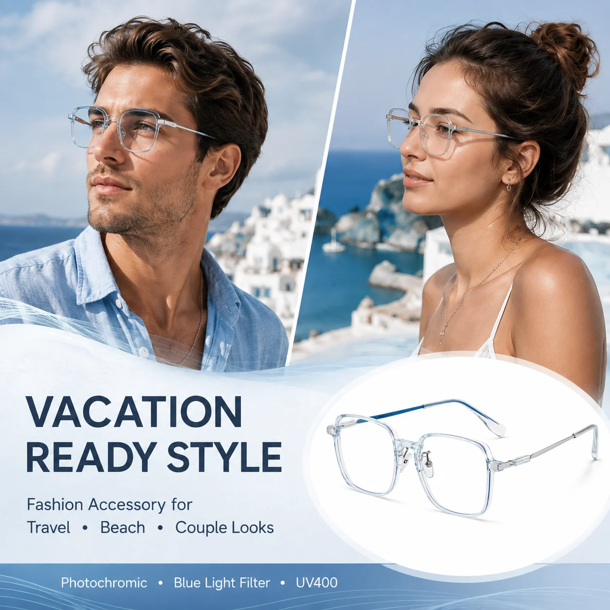 Photochromic Blue Light Blocking Glasses Women UV400 Lightweight Square Eyeglasses Smart Adaptive Lens Travel Beach Daily