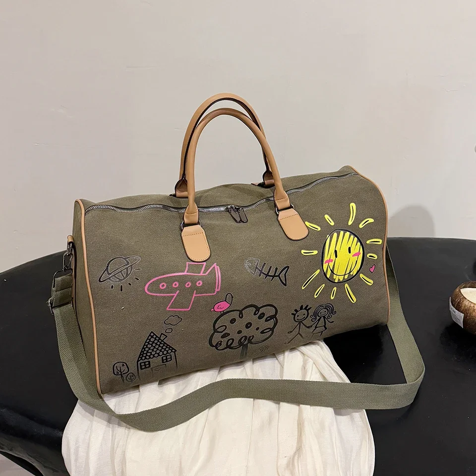 Canvas Short-distance Travel Bag Large-capacity Graffiti Handbag Men and Women Portable Fitness Shoulder Crossbody Bag