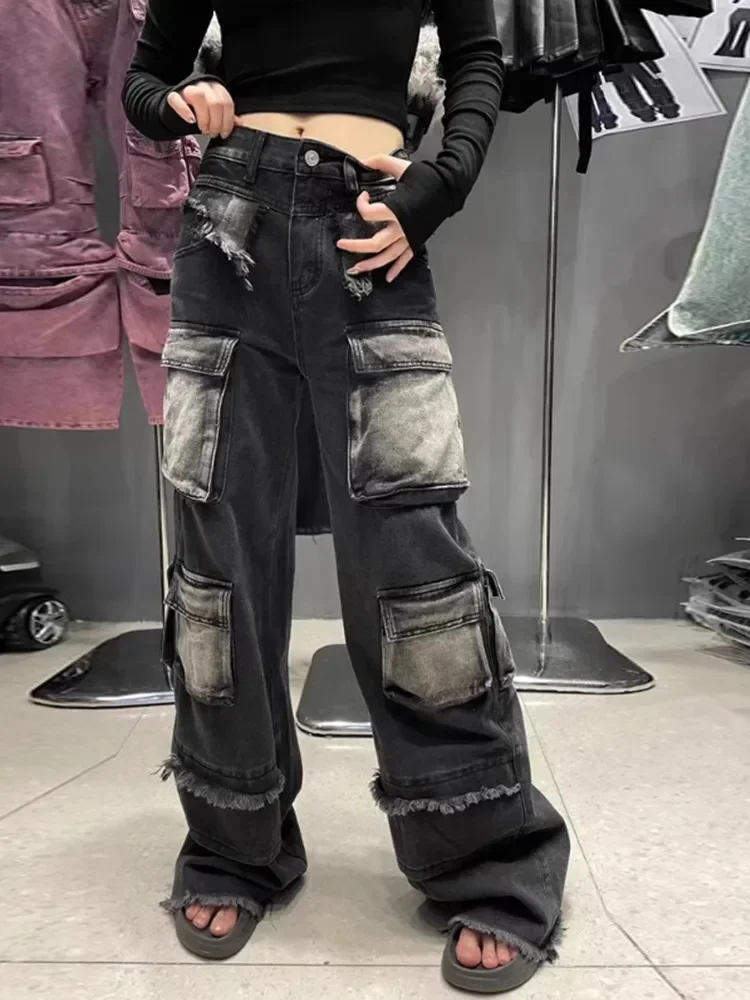 

2000S Clothes Y2K Streetwear Vintage Black Baggy Stacked Cargo Jeans Pants For Women Clothes Straight Wide Leg Lady Old Trousers