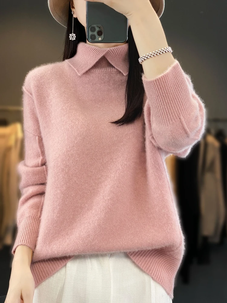 Women\'s 100% Merino Wool Sweater Turn-Down Collar Pullovers Autumn Winter Thickened Cashmere Knitwear Clothing Korean Tops