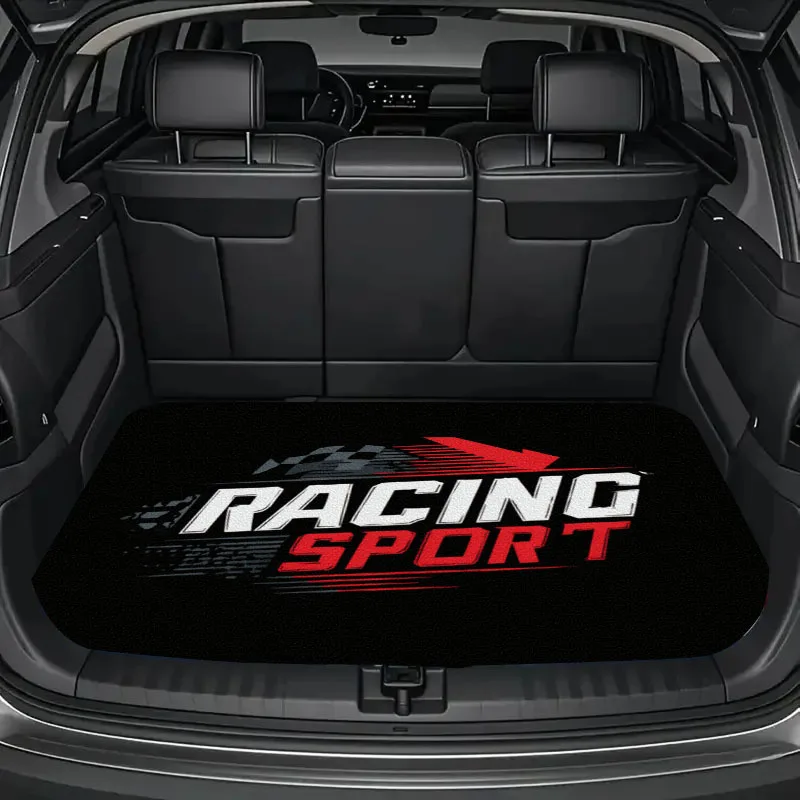 1pc Polyester Fiber Racing Sports Letter Print Car Trunk Mat, Interior Protection Trunk Liner, Secure Auto Cargo Liner
