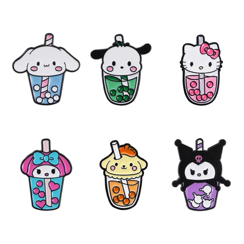 KT cat Bubble Tea Series Cartoon Enamel Pins Cute Hello Kitty Kuromi Metal Brooch Clothes Backpack Lapel Badges Fashion Jewelry