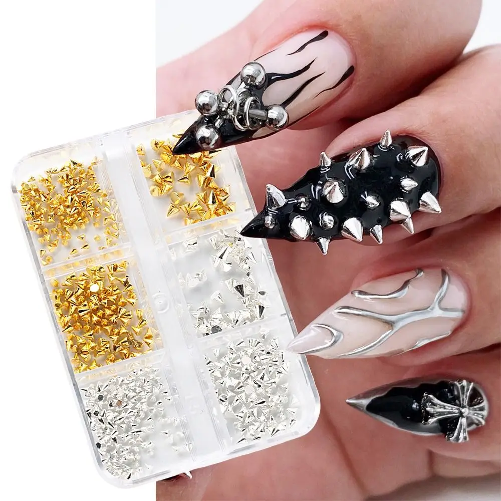 Aproximadamente 150 pçs/caixa 3d cone pico prego strass ouro prata rebite metal prego charme manicure 1.5-3mm decoração de unhas design de casamento