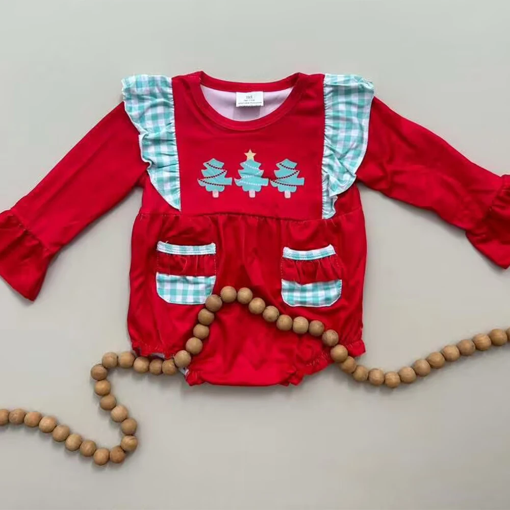 Macacão de árvore de Natal de manga comprida vermelho para meninas com bolsos roupa infantil de férias para meninas