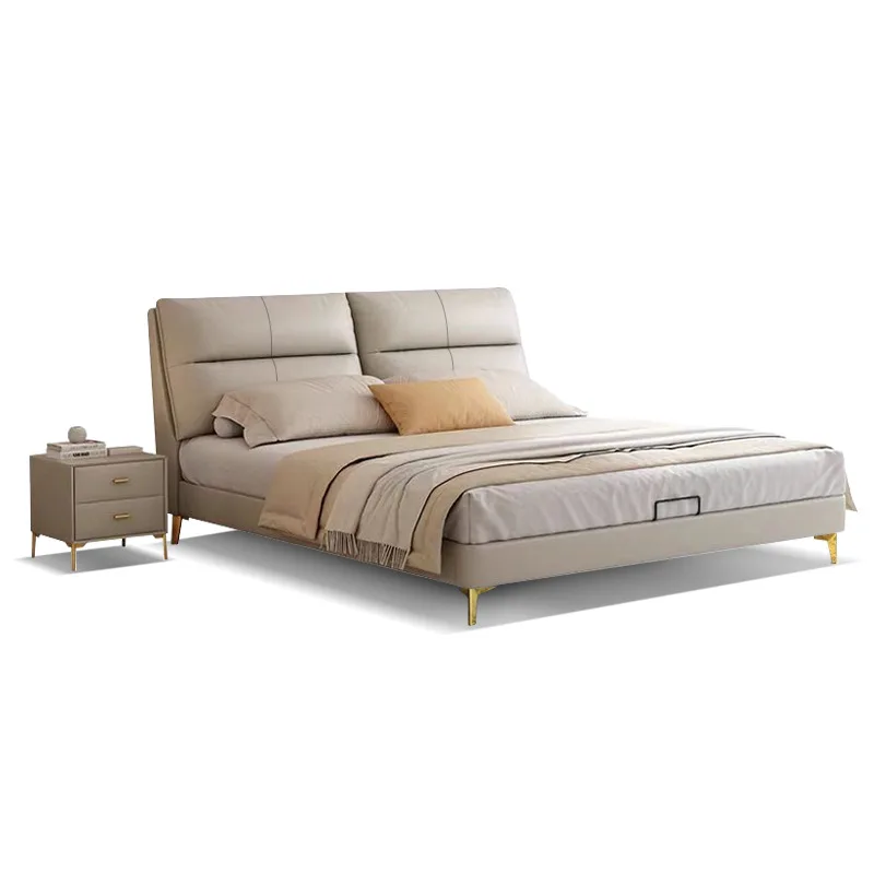 

Italian minimalist leather bed soft bag flush edge high foot household bedroom bed small apartment leather art bed double