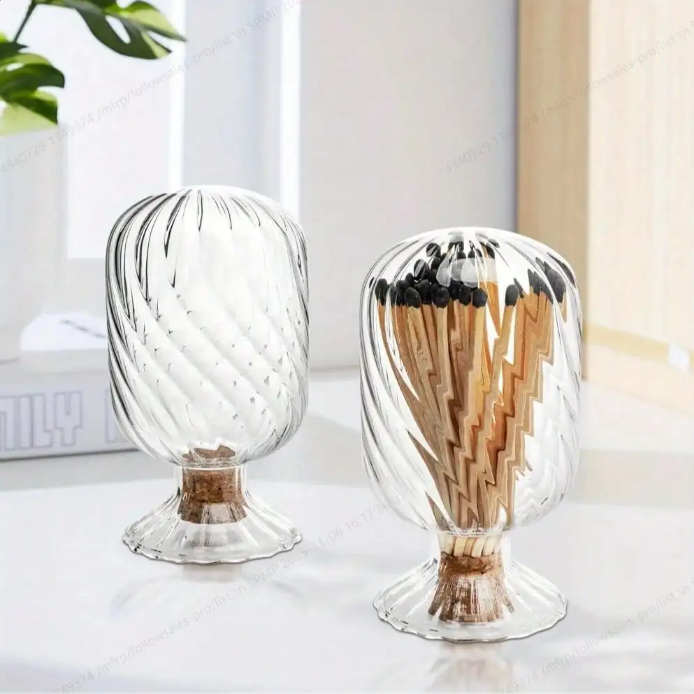 Spiral Matchbox/Cigarette Holder (Matches Not Included) Inverted Glass Jar 4-Inch Fireplace and Bathroom Decoration