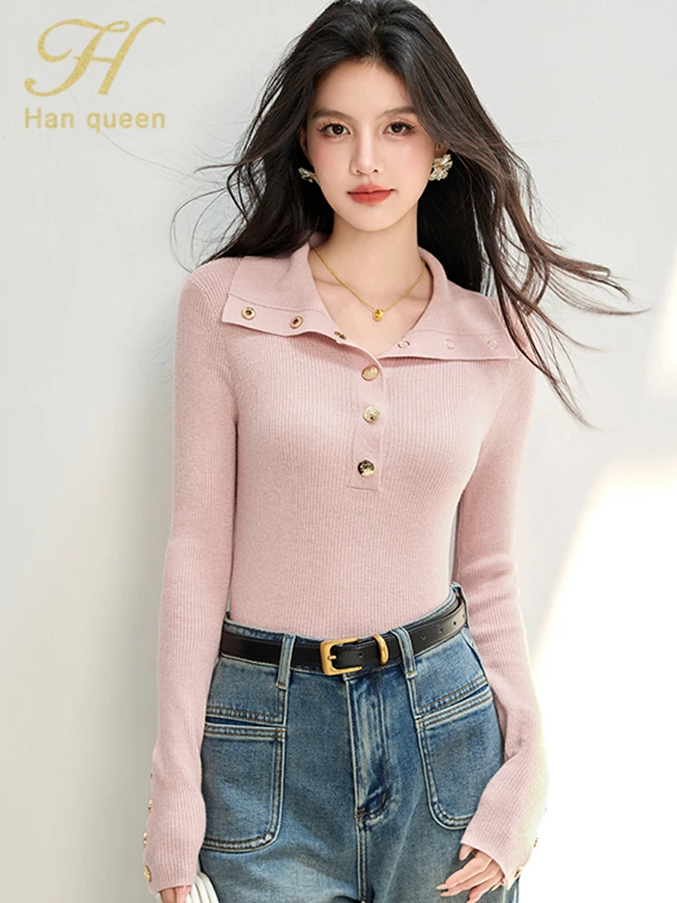 

H Han Queen, новые осенне-зимние топы, женские джемперы, модные свитера с длинными рукавами, тонкие повседневные топы, простой пуловер, женская одежда