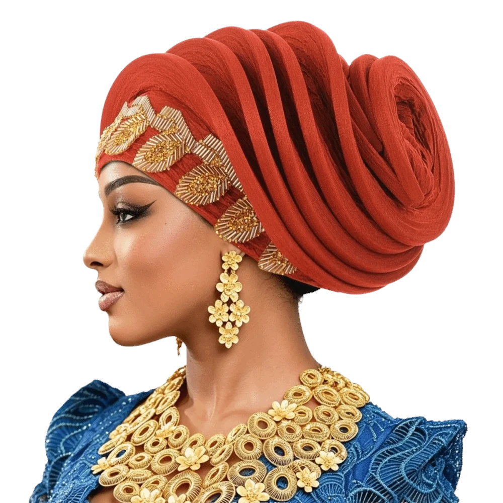 Vintage Shiny African Gele Headwrap Polyester Gold Embellished Yoruba Turban Hat Pre-tied Leaf Traditional Headpiece Women