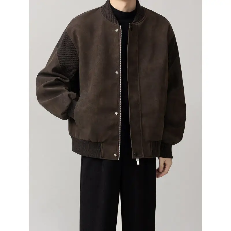 

Premium Leather Patchwork Baseball Collar Jaet Men's Casual Faion Retro Outerwear Top Breathable Long Sve ort Length
