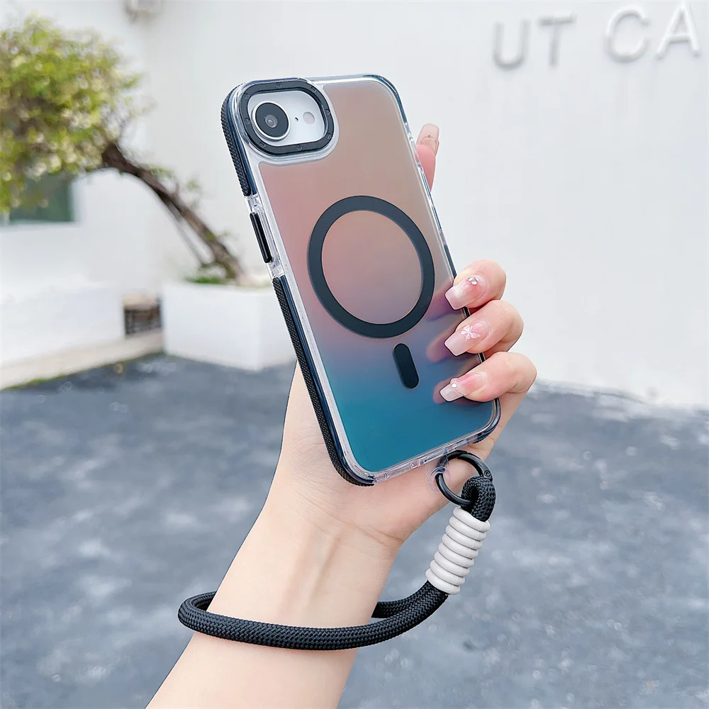 17Pro Laser Gradient for Magsafe Magnetic Case For iPhone 17 Air 11 12 13 14 15 16 Pro Max Plus 16e Fashion Lanyard Armor Cover