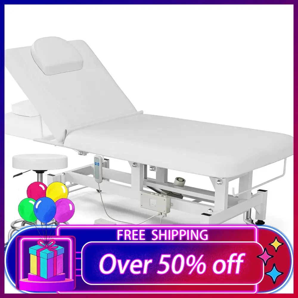 

Electric Lift Massage Table Bed and Stool, Spa Facial Treatment Table w/Face Hole, Adjustable Backrest Medical Table Beauty Beds