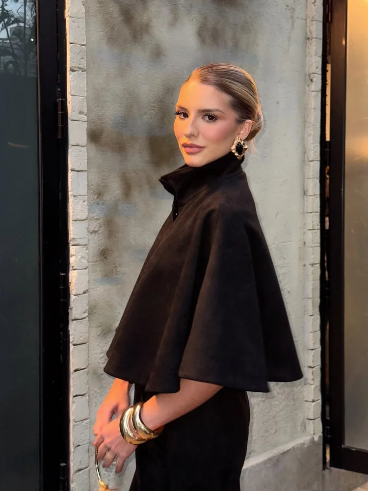 

Black Stand Neck Suede Cape Coat Women Fashion Hidden Button Loose Cropped Coats Lady New Autumn Street Commute Outerwear 2025