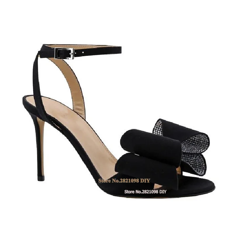 

Black Satin Sandals with Rhinestones Heels High Heel Sandsals Women Embellished Stiletto Heeled Party Shoes