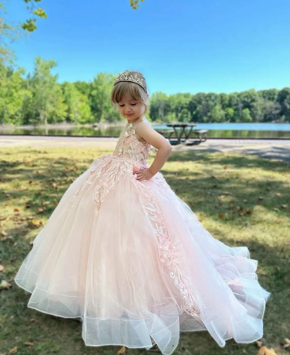 

Flower Girl Dress For Wedding Light Pink Tulle Puffy Applique Sleeveless Princess Kids Birthday Party First Communion Ball Gowns