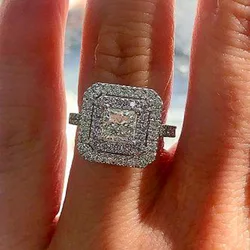 925 Sterling Silver Engagement Ring with Diamond-Cut Square Cubic Zirconia Elegant Simple Everyday Wear