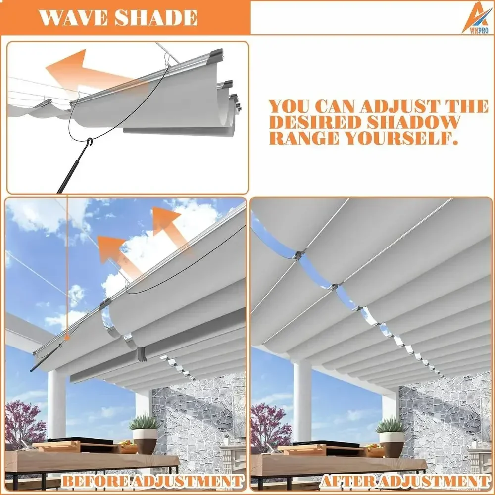 7' x 25' Retractable Wave Awning Cover, Replacement Pergola Awning, Slip Rope Shade Sail for Outdoor Spaces