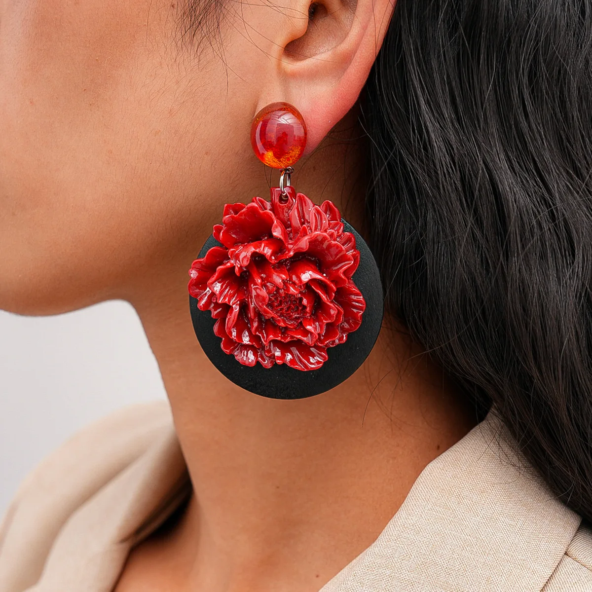 

Vintage Exaggerated Red Peony Resin Flower Drop Earrings for Women Girls Statement Round Wooden Dangle Earrings Fashion Jewelry