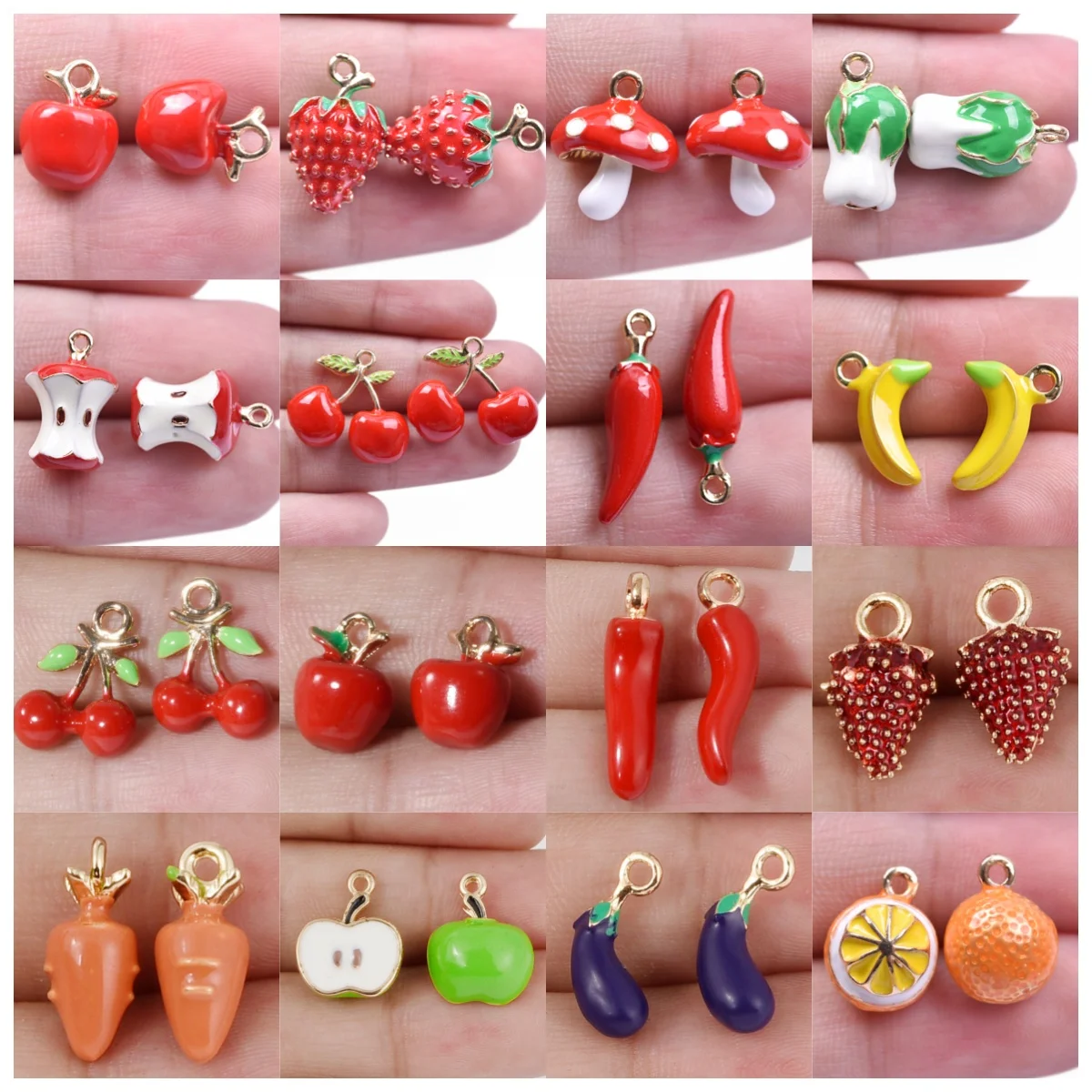 5pcs Alloy Enamel Lemon Charm 3D Stereoscopic Fruit/Vegetables Pendant Red Pepper Cherry Diy Cute Necklace Accessories Supplies