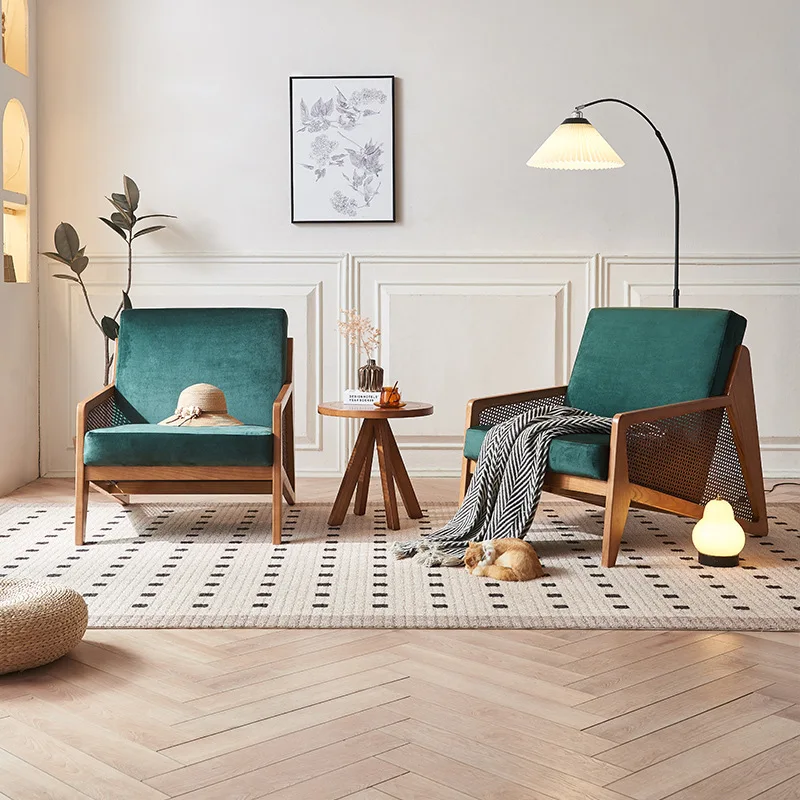 

Nordic solid wood rattan sofa chair South East Asia retro designer B & B hotel living room single leisure chair customization