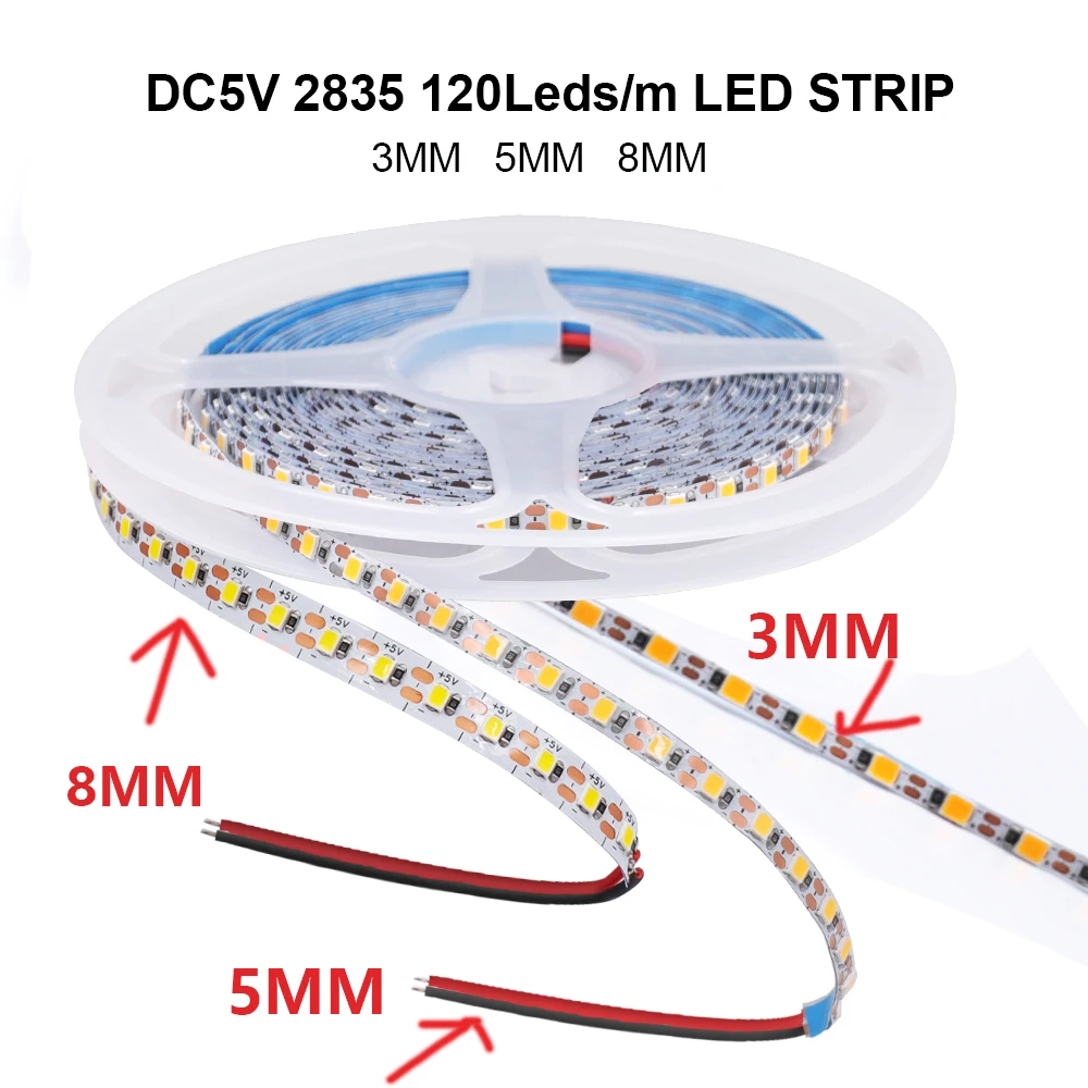 5V 3mm 5mm 8mm PCB 2835 LED Strip Light 120LEDs/m High Brightness 1 LED Cut Flexible Tape Warm Natural White Kitchen Home Decor