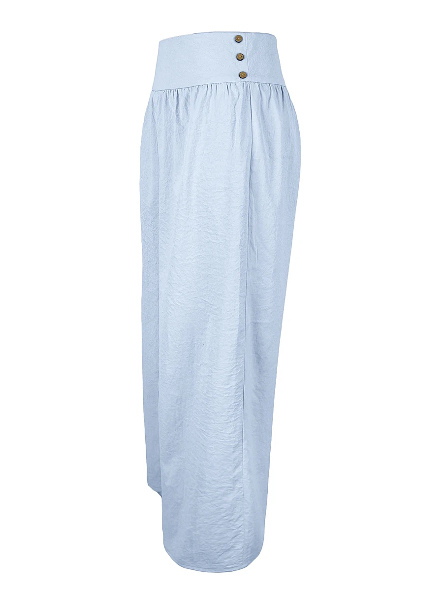 Hochgeschnittene Weite Palazzo-Hose für Damen, Lose Plissierte Hose mit Knopfdetails, Bohemian Casual Lange Hose, Elegante Modehose – Detail 4