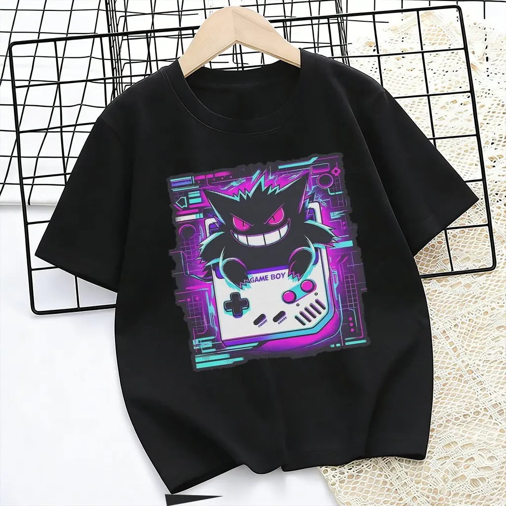 Cyberpunk Ghost Elf Black Tee, Neon Glitch Handheld Game Console Print Soft Cotton Top For Gaming Enthusiast Street Outfits