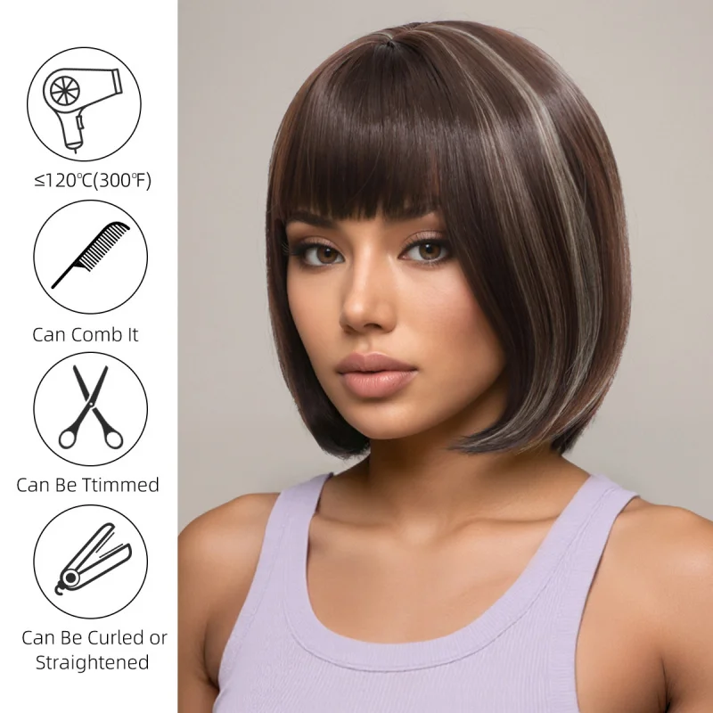 New short straight hair with bangs bobo European-style synthetic fiber wig for women full head cover