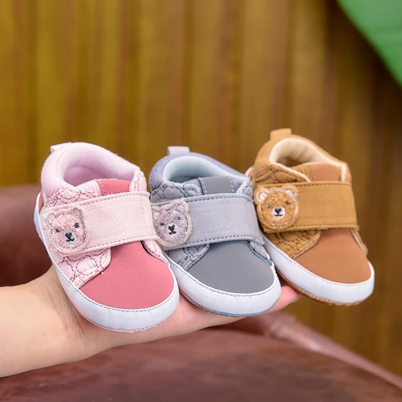 Cartoon Bear Quilted Baby Shoes with Velcro Soft Sole for To