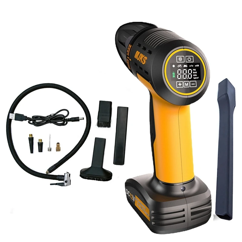 Wireless Hand Vacuum Cleaner & Air Compressor with SOS Light & Extensive Accessory Set - Inflating Car Tires