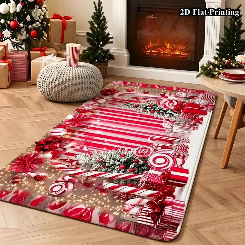 1pc 2D Flat Christmas Rug, Candy Cane Lollipop Gift Box Pine Branch Print, Machine Washable, Soft, for Entryway, Living Room