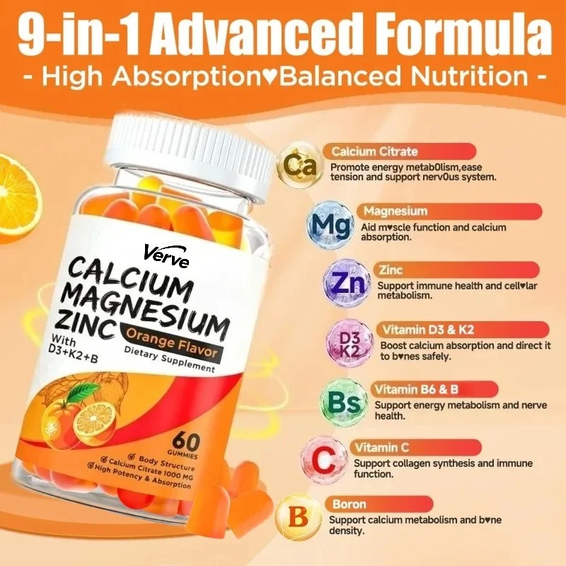 Calcium Magnesium Zinc Supplement 1000mg Calcium Citrate Gummies Containing Vitamin D3, K2, B6 Boron (60 Gummies)