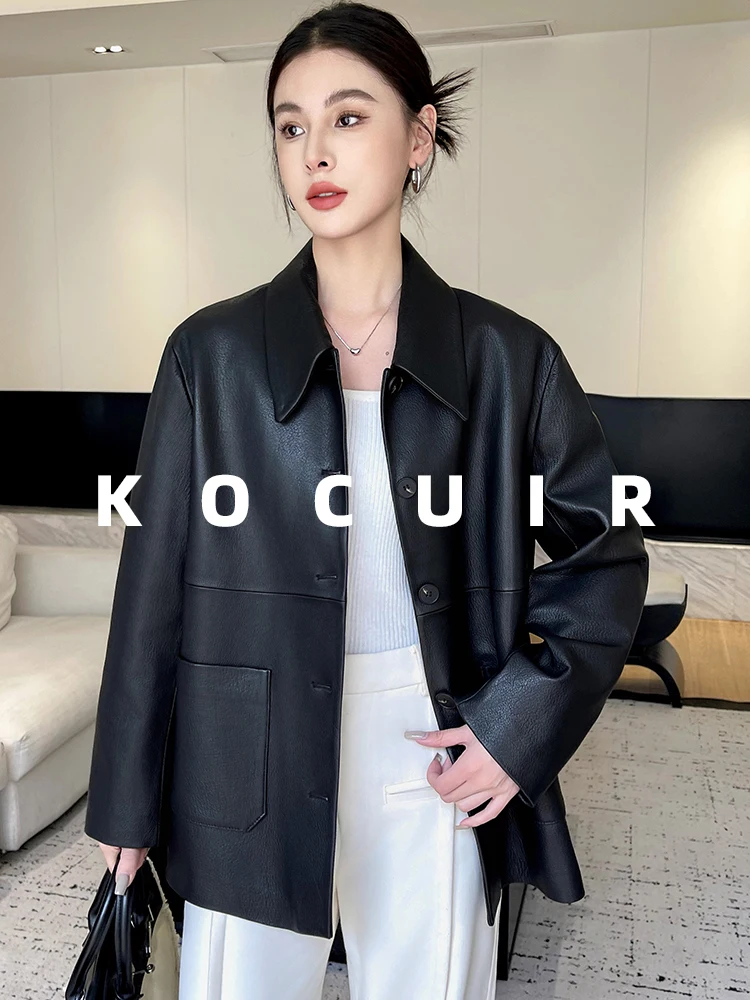 2026年春 レトロ襟付き羊革レザージャケット レディースミディアム丈コート 本革アウター サイズC