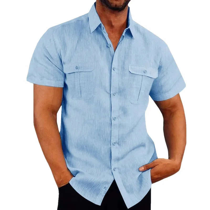 

Cotton Linen Hot Sale Men Short-Sleeved Shirts Summer Solid Color Stand-Up Collar Casual Beach Style Plus SizeMale Shirts M-4XL