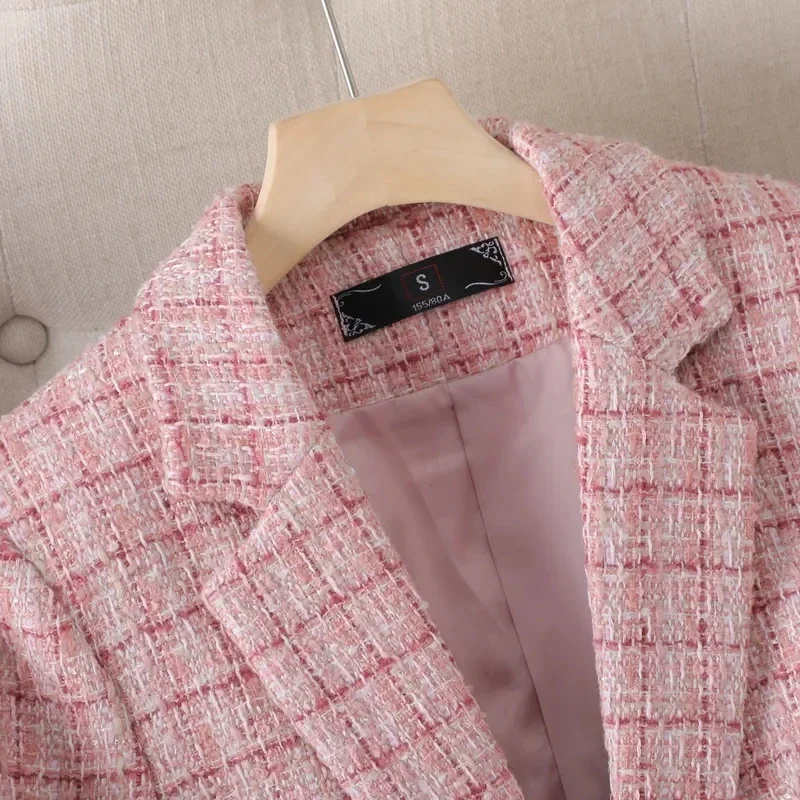 White Pink Plaid Blazer Women Jacket Business Wear Casual Suit Female Tops Autumn Long Sleeve Woolen Blazer Ladies Coat L374